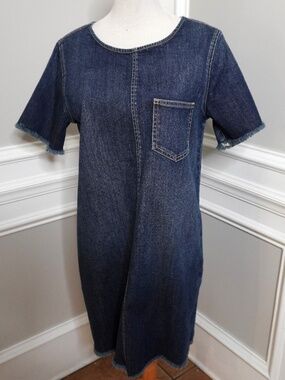 Current/Elliott The Frayed Edge Shift Denim Dress in a dark wash blue, Size 2